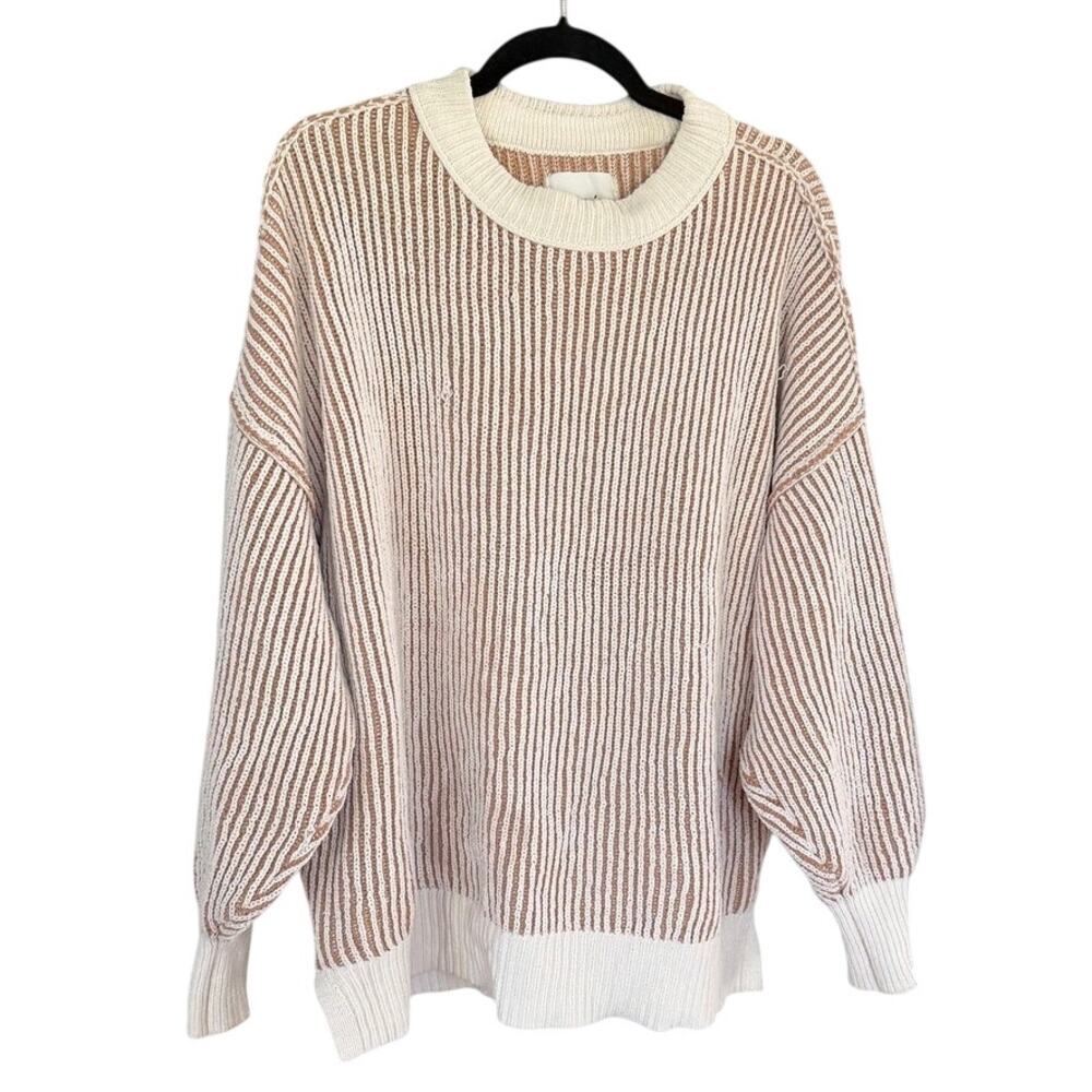 Aerie Cream and Tan Ribbed Knit Sweater | Cozy Neutral Pullover